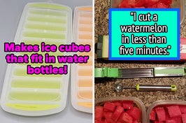 L: a reviewer photo of a stick ice cube tray and text reading "Makes ice cubes that fit in water bottles!", R: a reviewer photo of cut watermelong and a slicing tool and a quote reading "I cut a watermelon in less than five minutes"