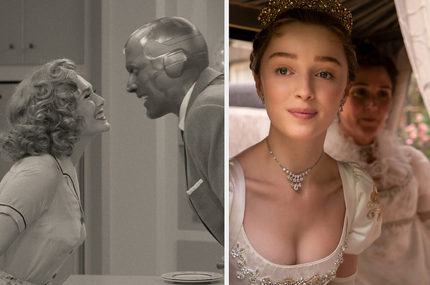 Wanda Maximoff leans in to kiss Vision and Daphne Bridgerton rides in a carriage with her mother