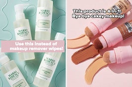 left image: mario badescu cleansing oil, right image: maybelline 4-in-1 face makup