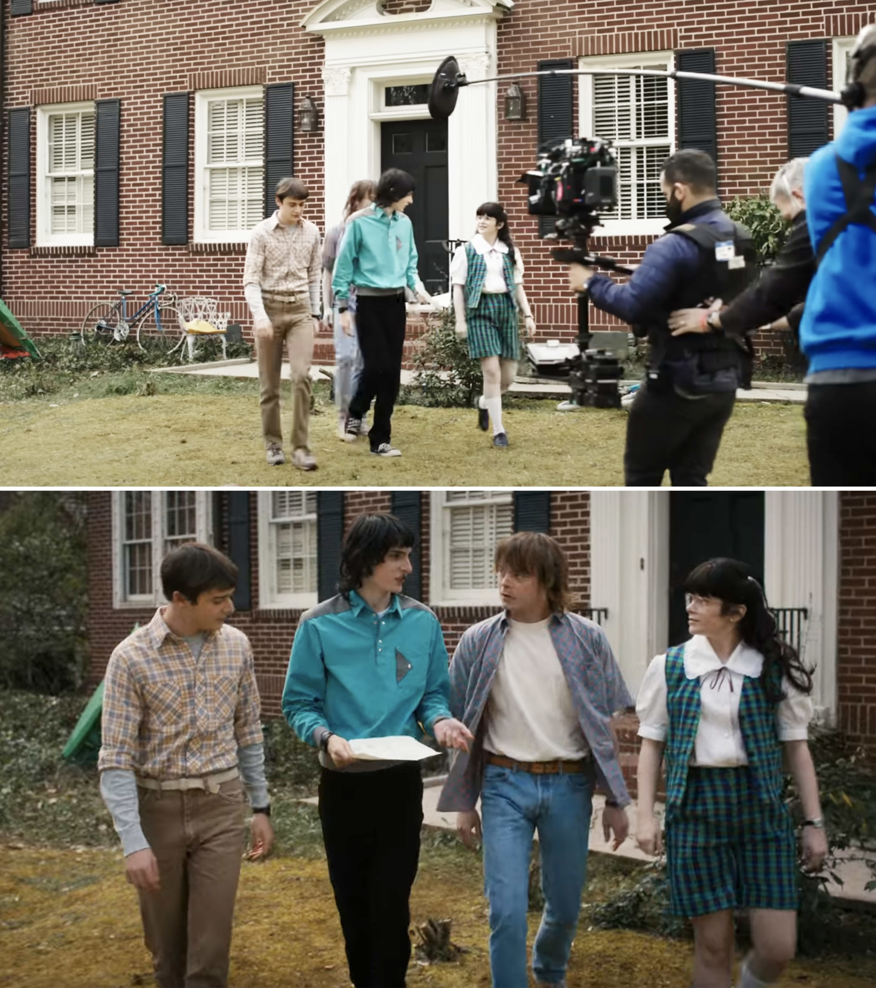 Finn Wolfhard, Gabriella Pizzolo, Noah Schnapp, and Charlie Heaton filming for &quot;Stranger Things&quot;