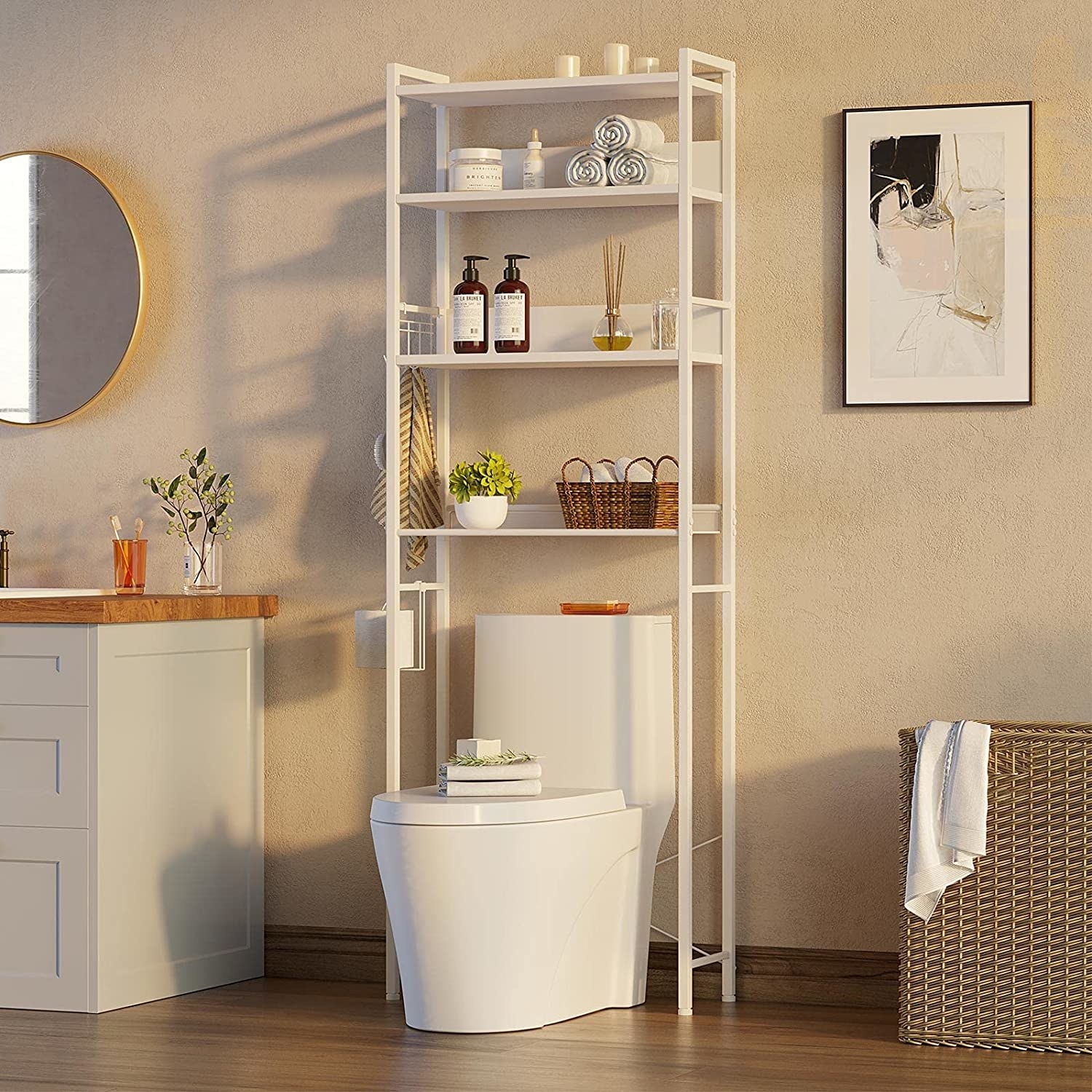 a multi-tiered shelving unit installed over a toilet