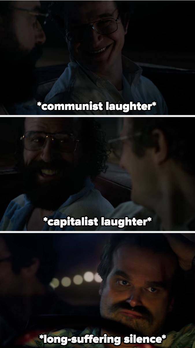 Alexei and Murray laughing as Hopper drives
