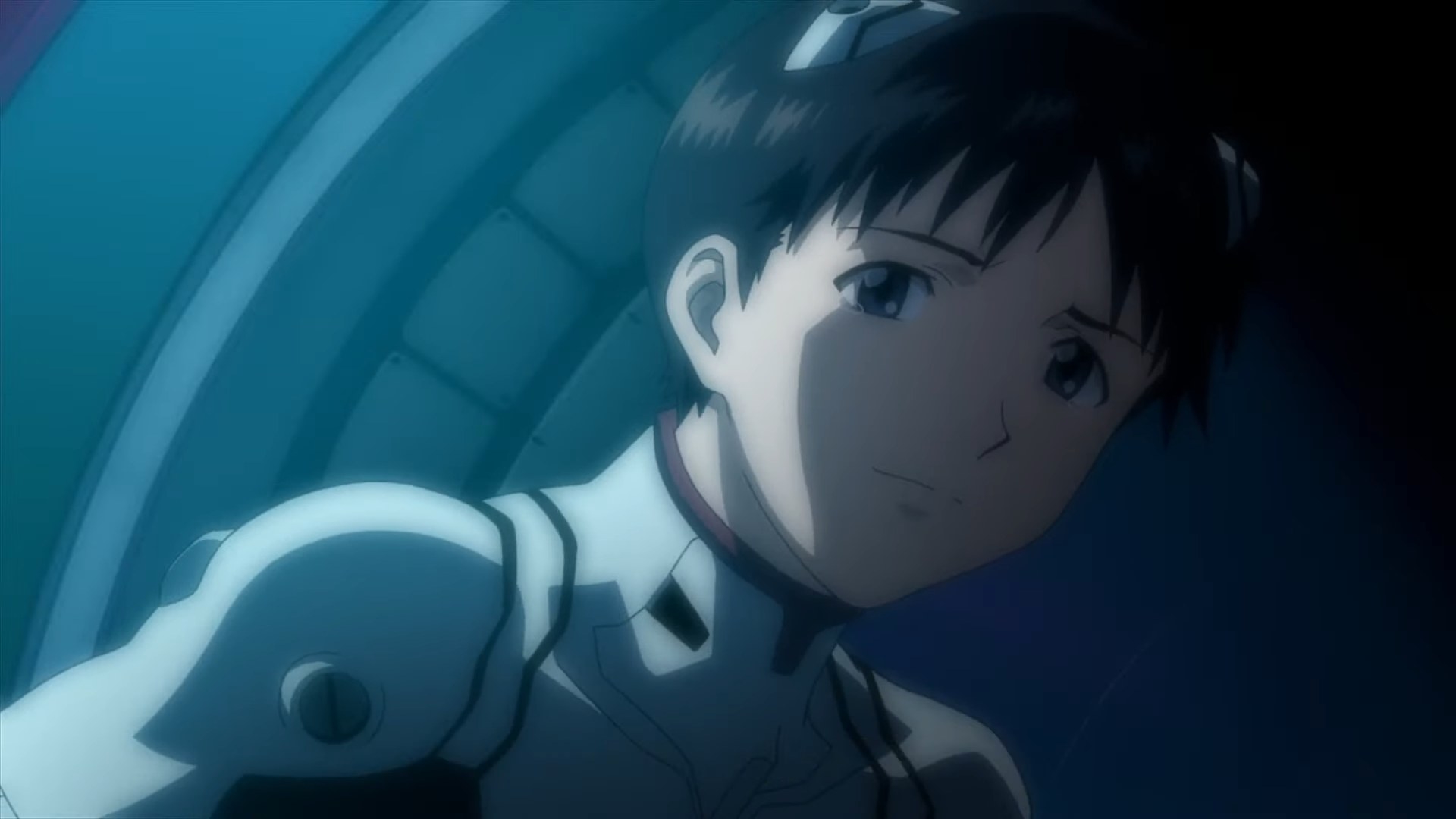 Shinji smiling in his plug suit in &quot;Evangelion: 1.0 You Are (Not) Alone&quot;