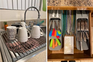 left: reviewer photo of organized cutlery drawer. right: reviewer photo of pull-out pantry shelf.