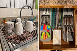 left: reviewer photo of roll up dish rack on sink. right: reviewer photo of organized cutlery drawer.