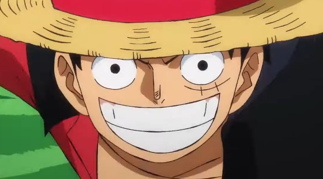 Close-up of Luffy&#x27;s face running in the intro to &quot;One Piece&quot;