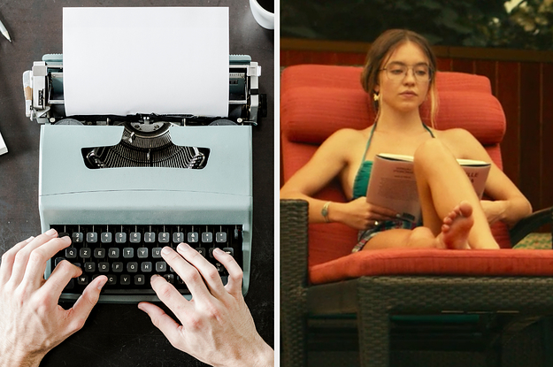 On the left, someone typing on a typewriter, and on the right, Sydney Sweeney reading a book in a chaise by the pool as Olivia on The White Lotus
