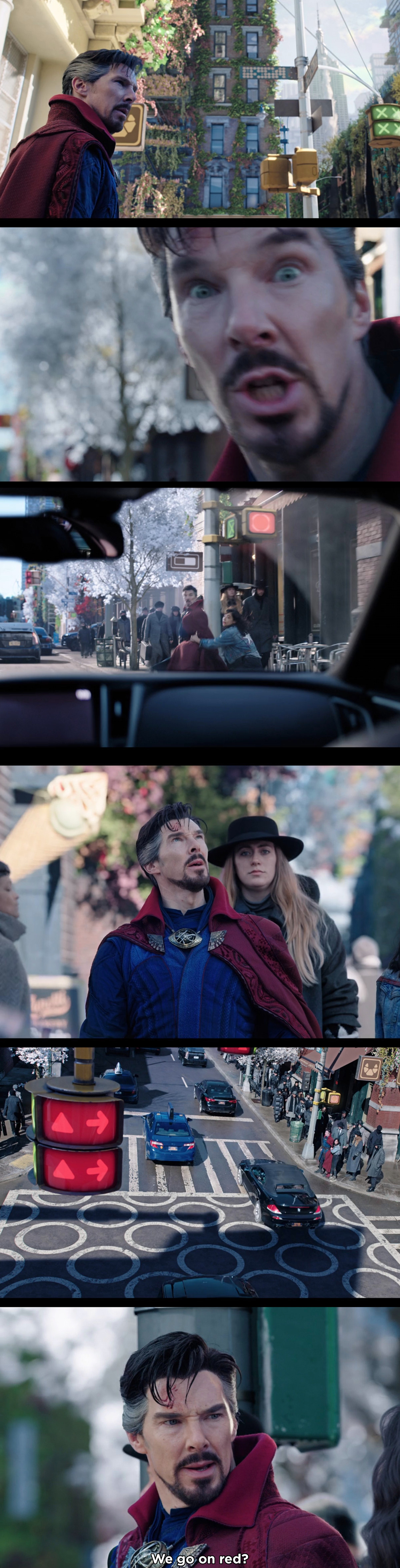 Doctor strange almost getting hit by a car and asking, we go on red?