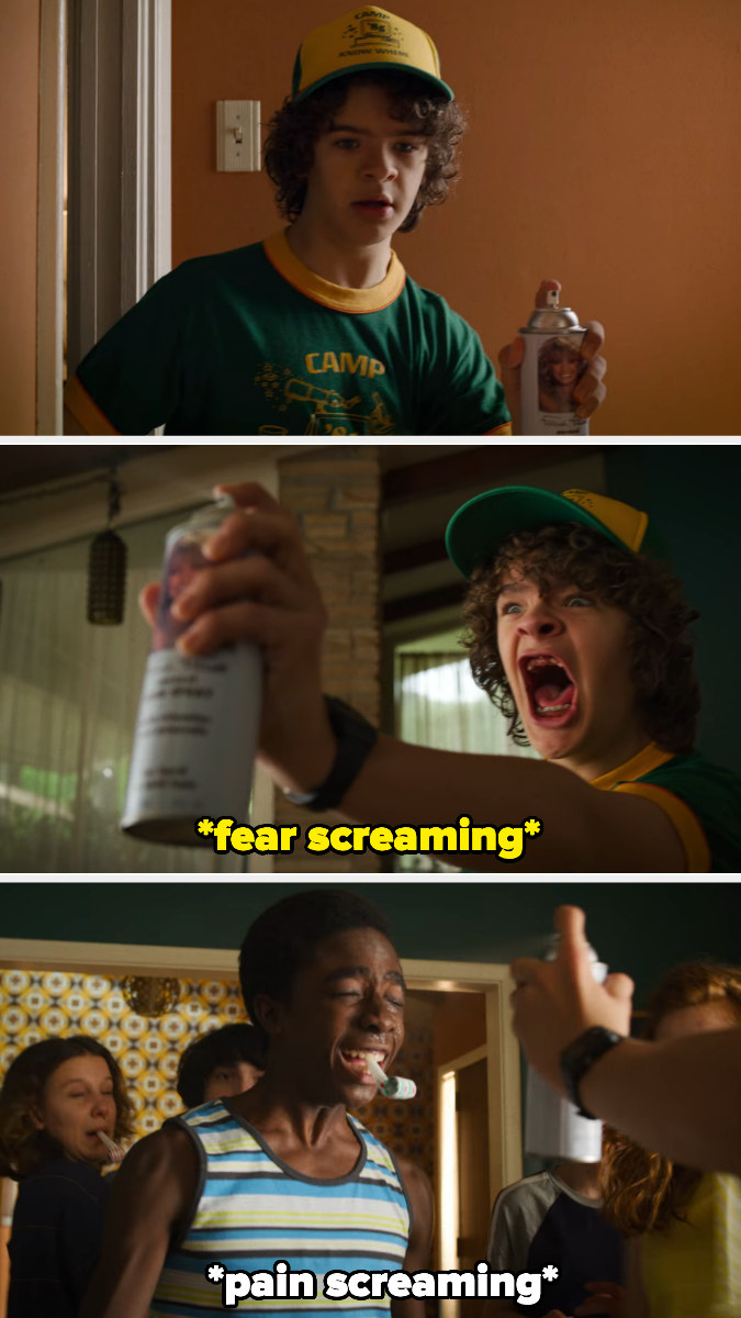 Dustin screaming and spraying Lucas with hairspray.