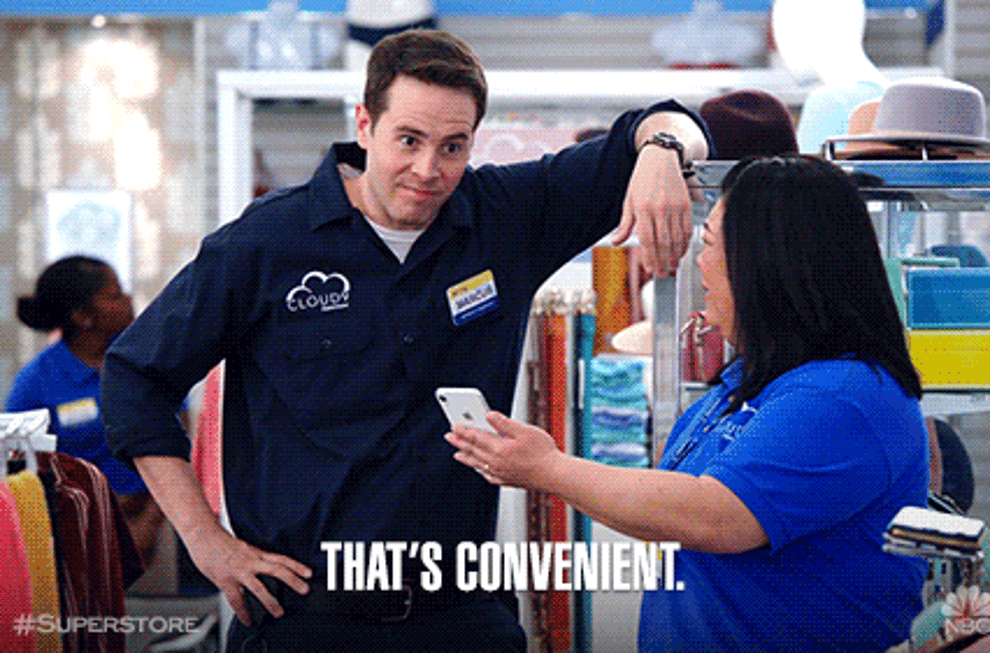 GIF of actor saying, &quot;That&#x27;s convenient&quot; in the show &quot;Superstore&quot;