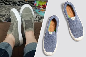 Two images of blue and black slip-on sneakers