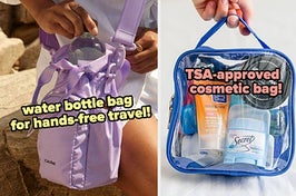 the lilac water bottle bag "water bottle bag for hands-free travel!", clear bag "TSA-approved cosmetic bag!"