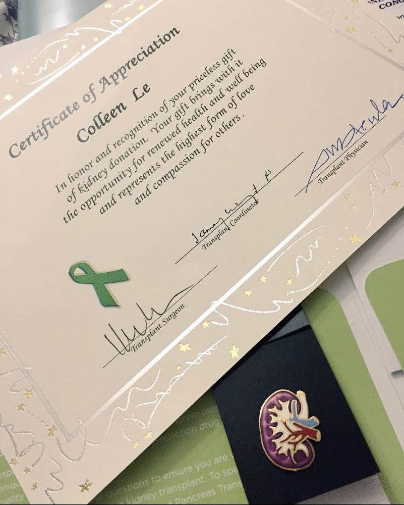 A certificate to honor Colleen&#x27;s kidney donation