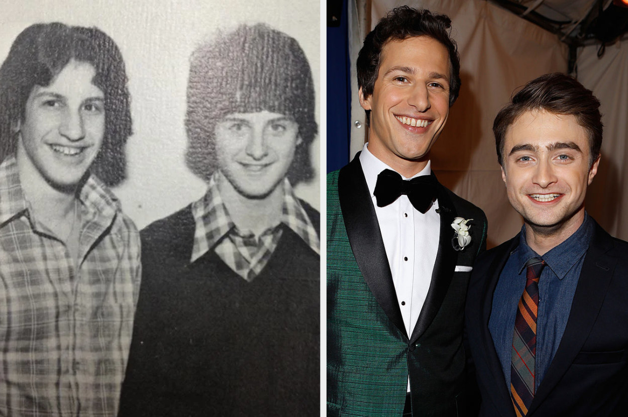 Side-by-side of a yearbook photo and Andy Samberg and Daniel Radcliffe