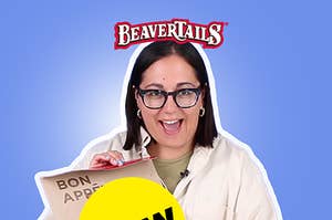 A woman holding a box of Beavertails with a surprised look on her face