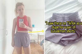 L: BuzzFeed editor wearing pale purple running shorts R: closeup of the shorts with text on the image that says "I saw these on TikTok as a dupe for a pair of Lululemon shorts"