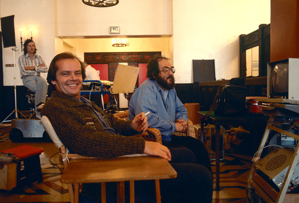 Jack Nicholson and director and producer Stanley Kubrick on the set of Kubrick&#x27;s film, The Shining