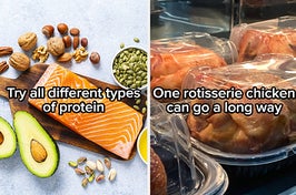 different kinds of protein, rotisserie chickens
