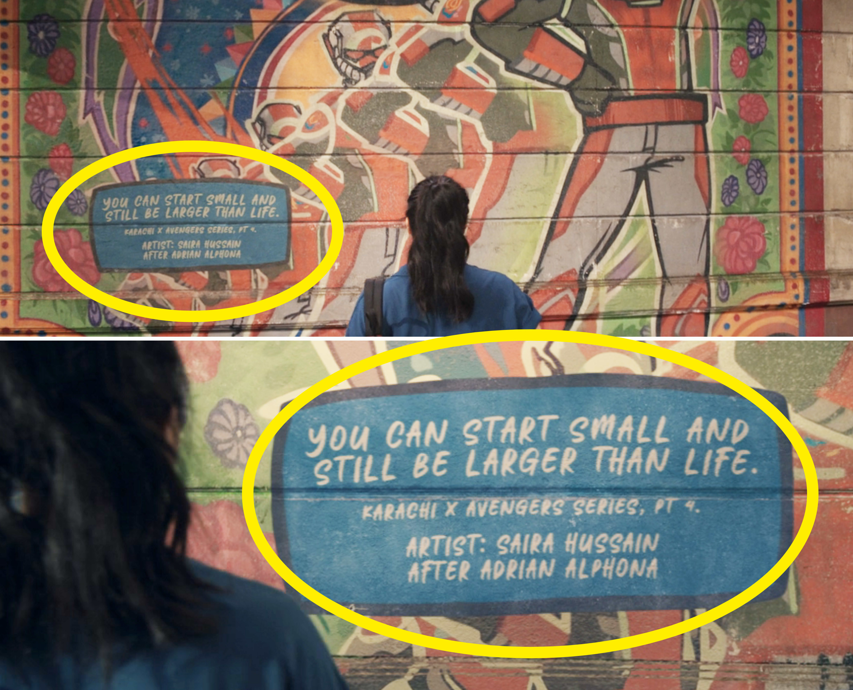 A close-up of the mural with the quote, &quot;You can start small and still be larger than life&quot;