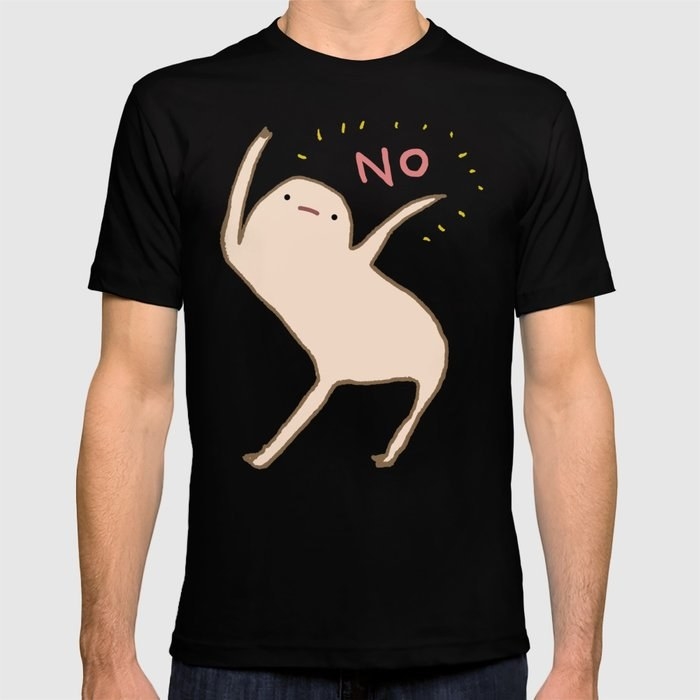 a model wearing the honest blob tee with a character dancing that reads no