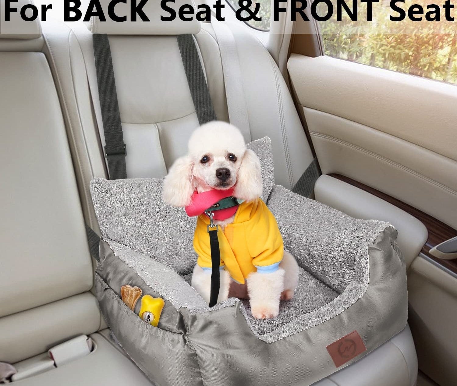 a small dog sitting comfortably in the cushy booster seat