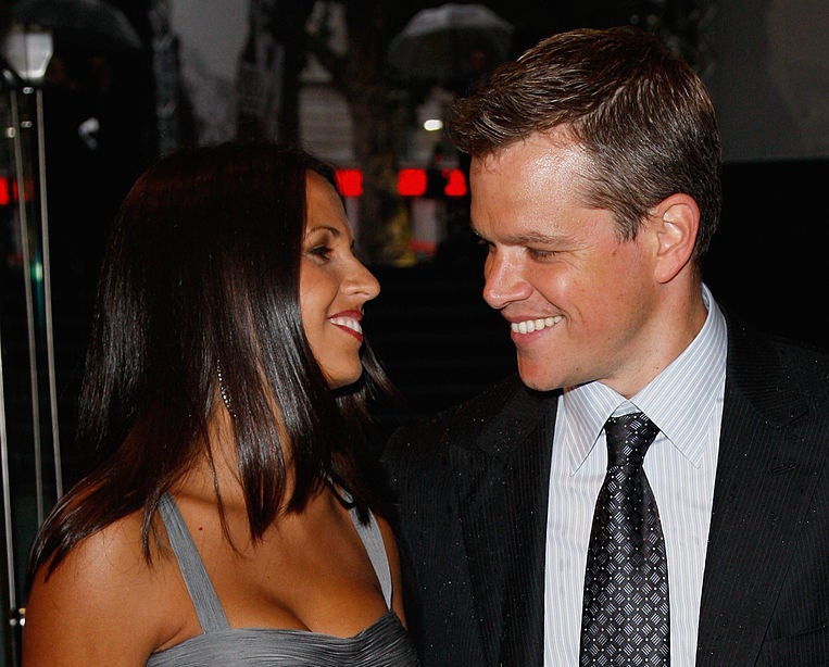 Luciana Barroso and Matt Damon looking at each other and smiling