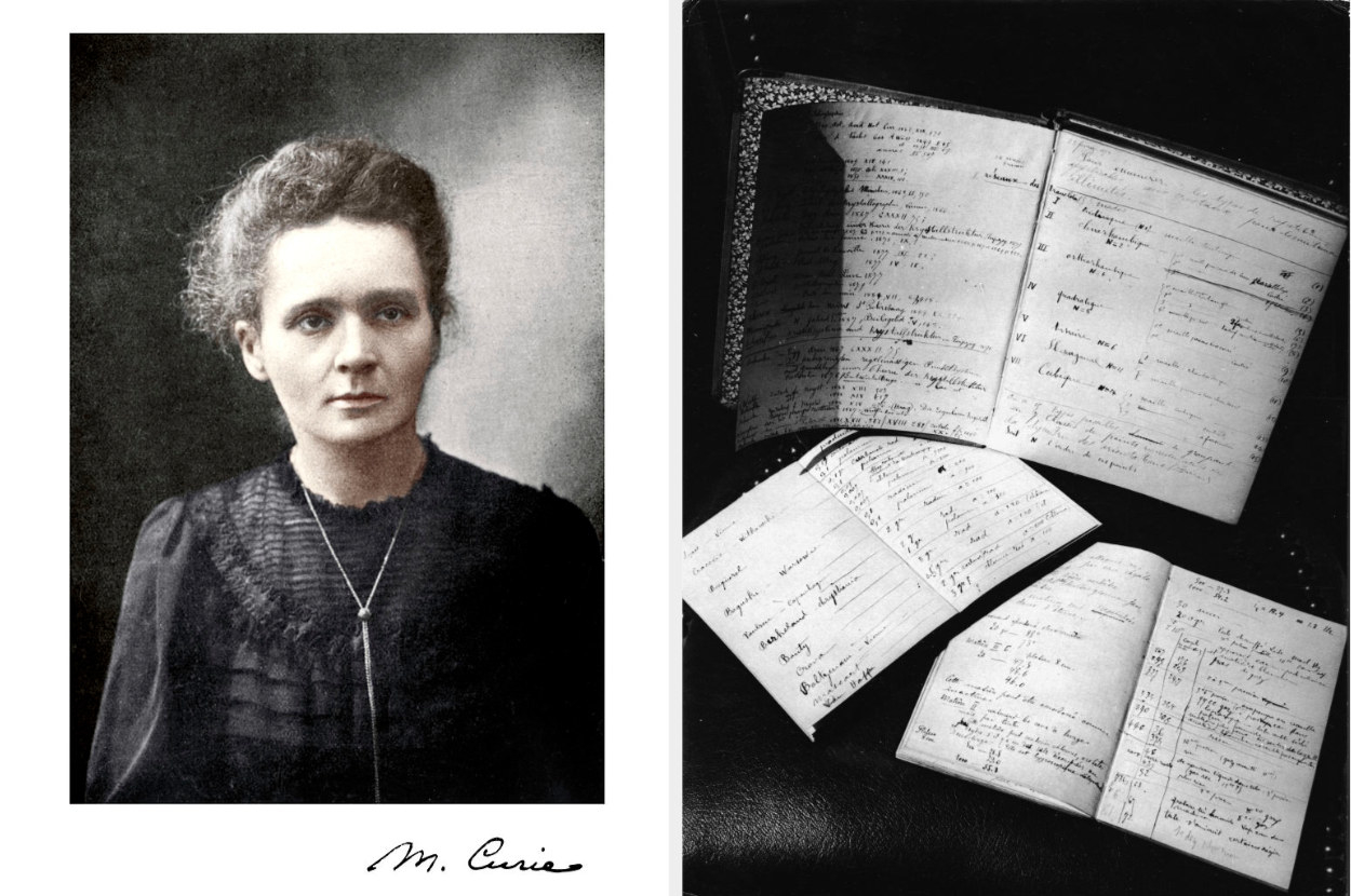 A photo of Marie Curie and a photo showing pages from her notebook