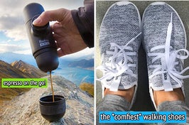 hand pouring espresso into a travel cup in front of a mountain view with text: espresso on the go! / reviewer wearing gray sneakers with text: the *comfiest* walking shoes 