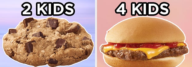On the left, a chocolate chunk cookie from Chick-fil-A labeled 2 kids, and on the right, a cheeseburger from Wendy's labeled 4 kids