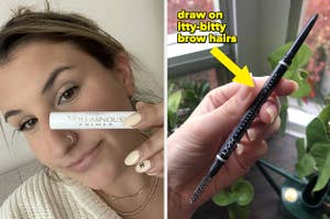 A person holding a lash primer and a person holding a brow pencil