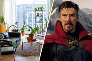 A living room with various plants strewn about and a close up of Stephen Strange in his cloak