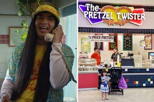 Argyle talks on a landline phone while working at a pizza shop and a pretzel shop located in a mall food court