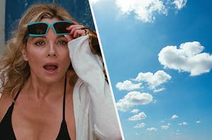 Samantha Jones wears a dark bathing suit top with brightly colored sunglasses and a cloudy sky