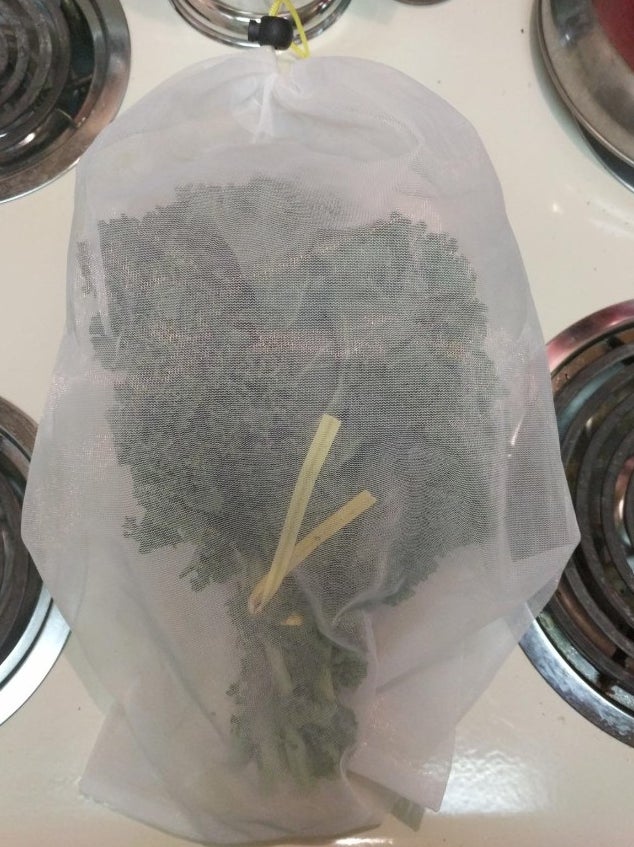 A reviewer storing greens in mesh bag