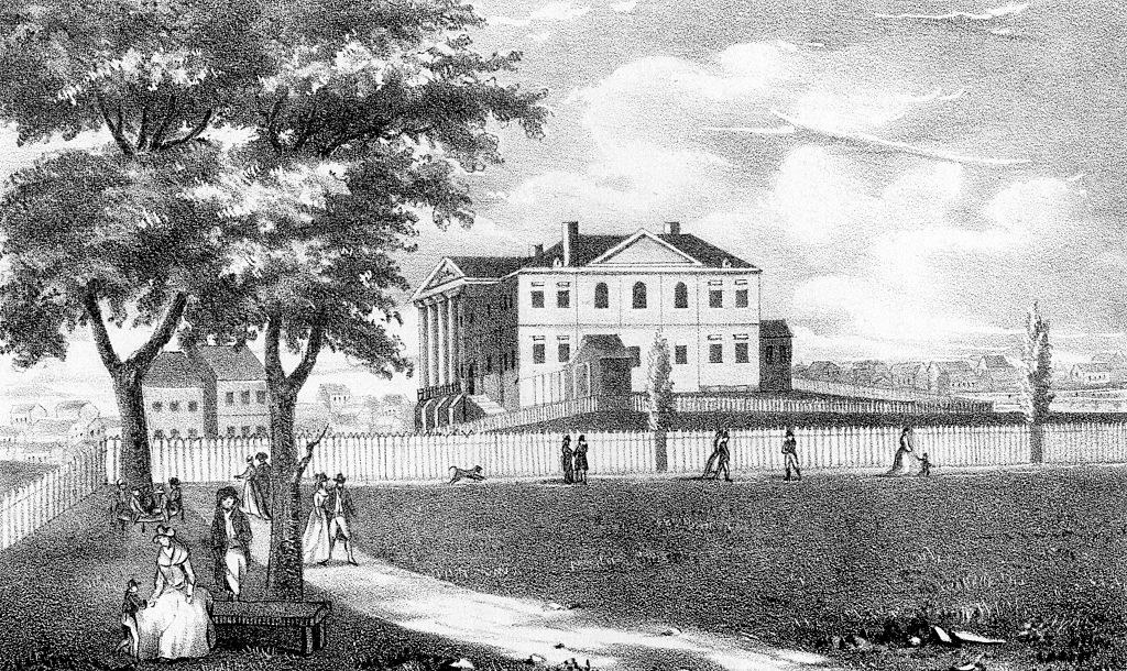 Black-and-white drawing of a large house with people in period outfits walking by