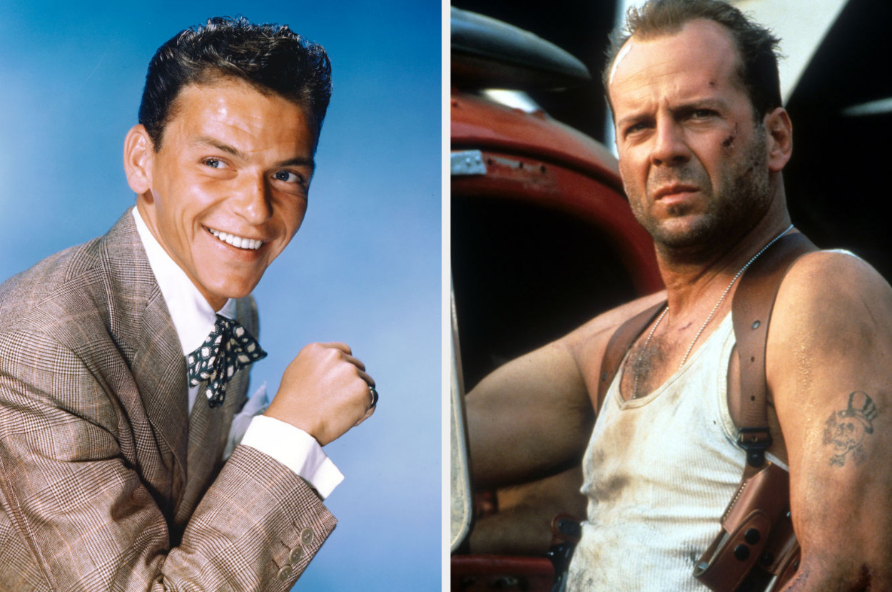 A young Frank Sinatra in a suit and Bruce WIllis in a tank top in a scene from Die Hard