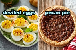 On the left, a plate of deviled eggs, and on the right, a pecan pie