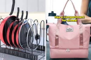 a bunch of pots and pans in an organizer, and a duffle bag on a gym floor
