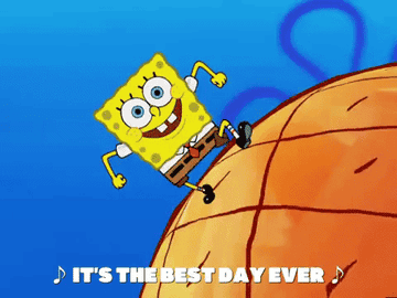 Spongebob running on his pineapple house with music caption &quot;it&#x27;s the best day ever&quot;