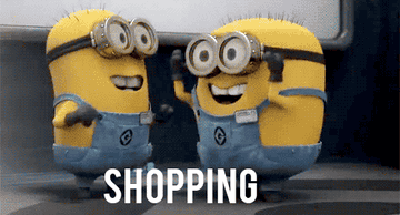 Two yellow minions in overalls saying shopping