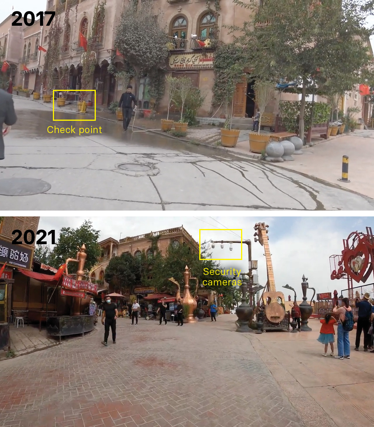 A before and after photo of an intersection in Kashgar in 2017, and the same intersection in 2021, where large sculptures related to the region&#x27;s history are placed in a plaza