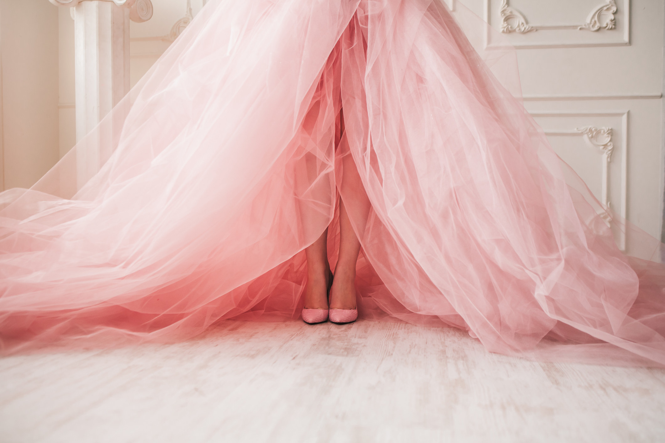 close up of a tulle dress with a front slit