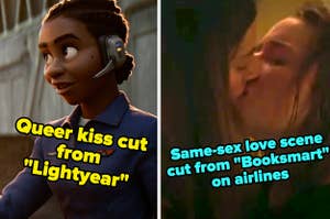 alisha in lightyear captioned "Queer kiss cut from Lightyear" and amy and hope kissing in booksmart captioned "Same-sex love scene cut from Booksmart on airlines" 