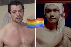 Man shirtless in a shower and a different image of a boy using his t shirt as hair with rainbow flag sticker on top