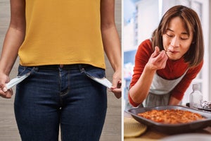 person showing off their empty pants pockets and another person cooking a casserole
