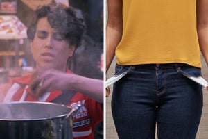 person showing off their empty pants pockets and another person cooking a casserole