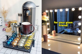 a coffee maker on a stand and a vanity mirror with lights on it
