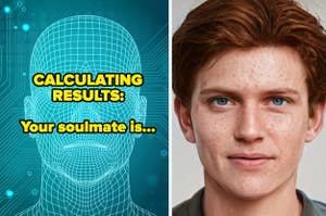 a facial grid with the text "calculating results: your soulmate is..." and an AI generated man with freckles, blue eyes, and red hair