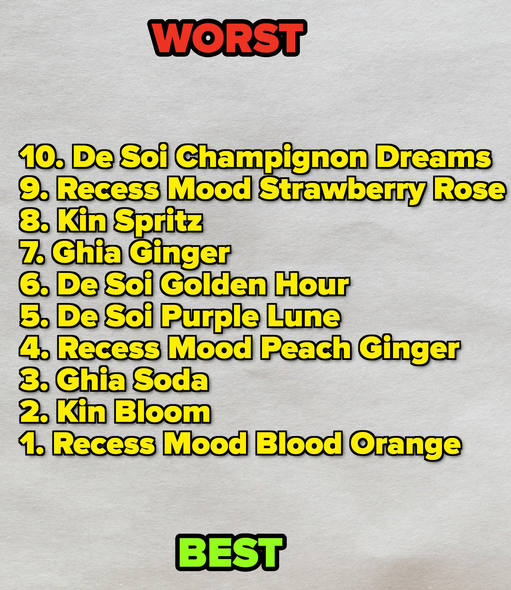 Rankings of 10 seltzers from least (De Soi Champignon Dreams) to best (Recess Mood Blood Orange), with De Soi Purple Lune in the middle (fifth)