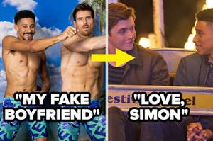 An arrow between two movie stills from my fake boyfriend and love simon
